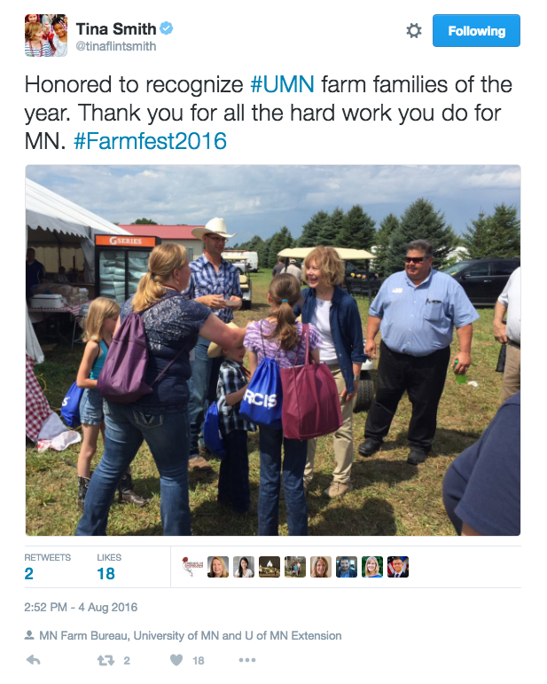 Tweet: Lt. Governor Smith meets with Minnesota Farm Families of the Year